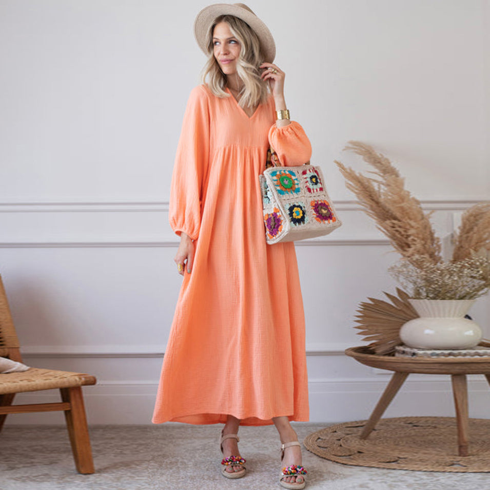 Vestido largo bohemio informal de color liso y manga larga para mujer