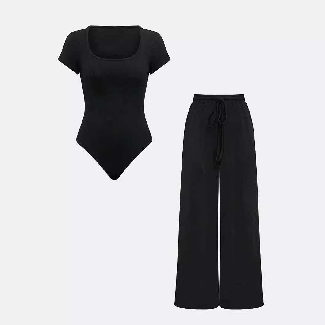 Ensemble pantalon et body côtelé de couleur unie pour femme