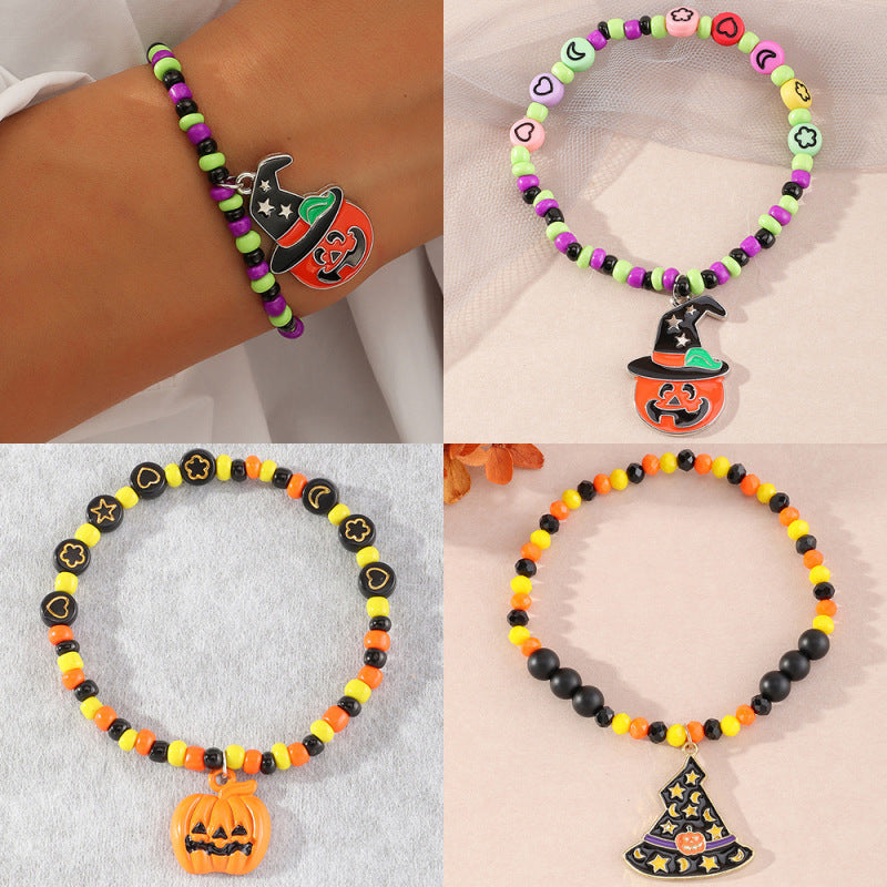 Pulsera unisex retro de cuentas naranjas con diseño de calabaza de Halloween