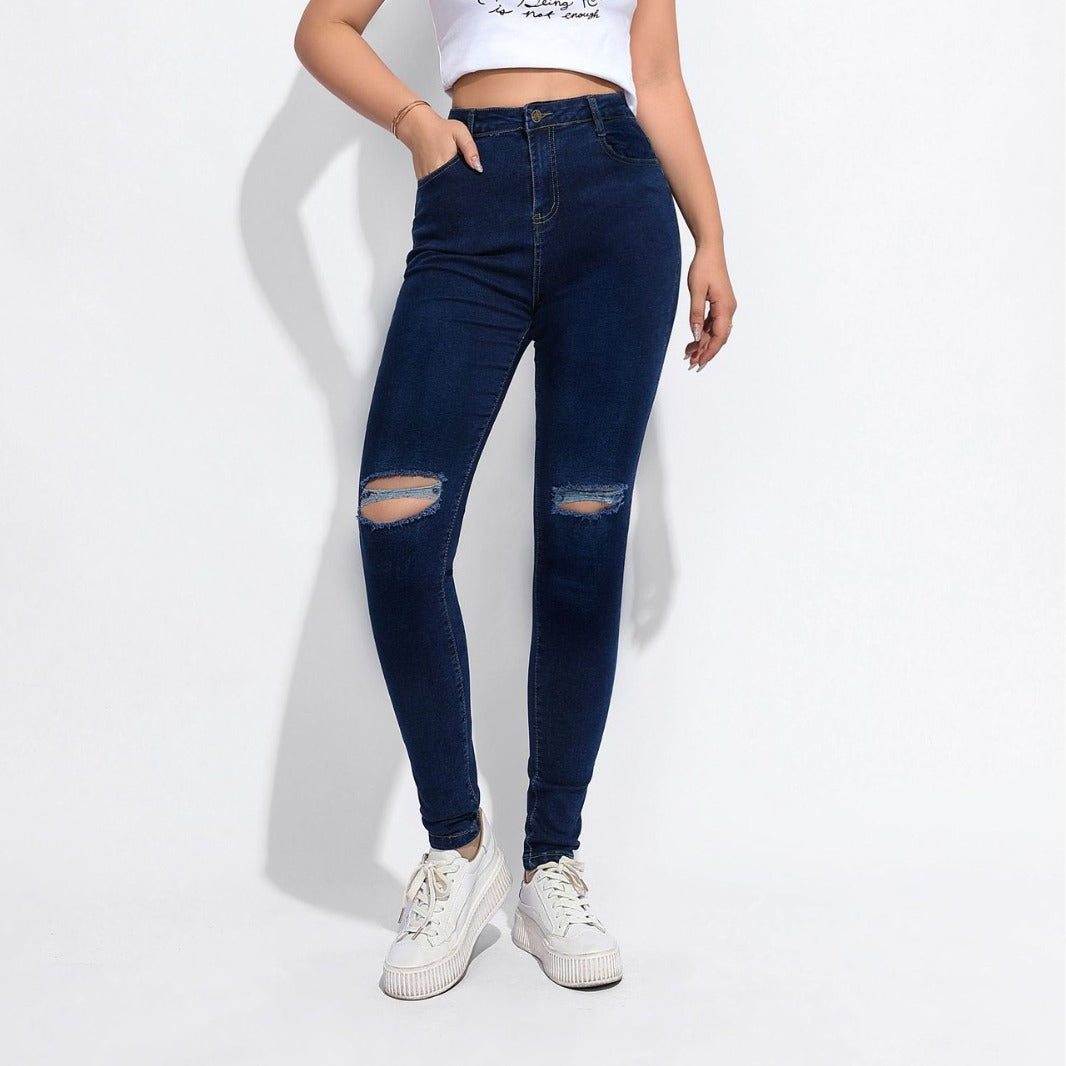 Vaqueros de cintura alta elásticos y rasgados sexys a la moda para mujer