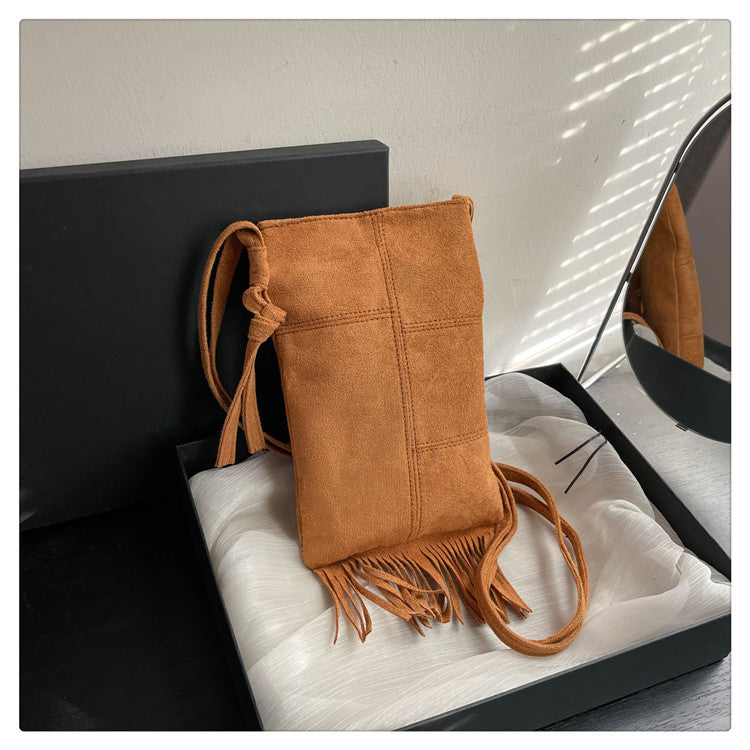 Bolso bandolera retro con borlas esmeriladas de color sólido para mujer