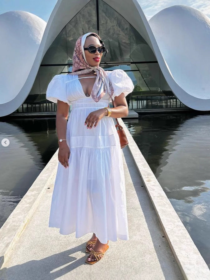 Women Casual Solid Cotton V-Neck Maxi Dress