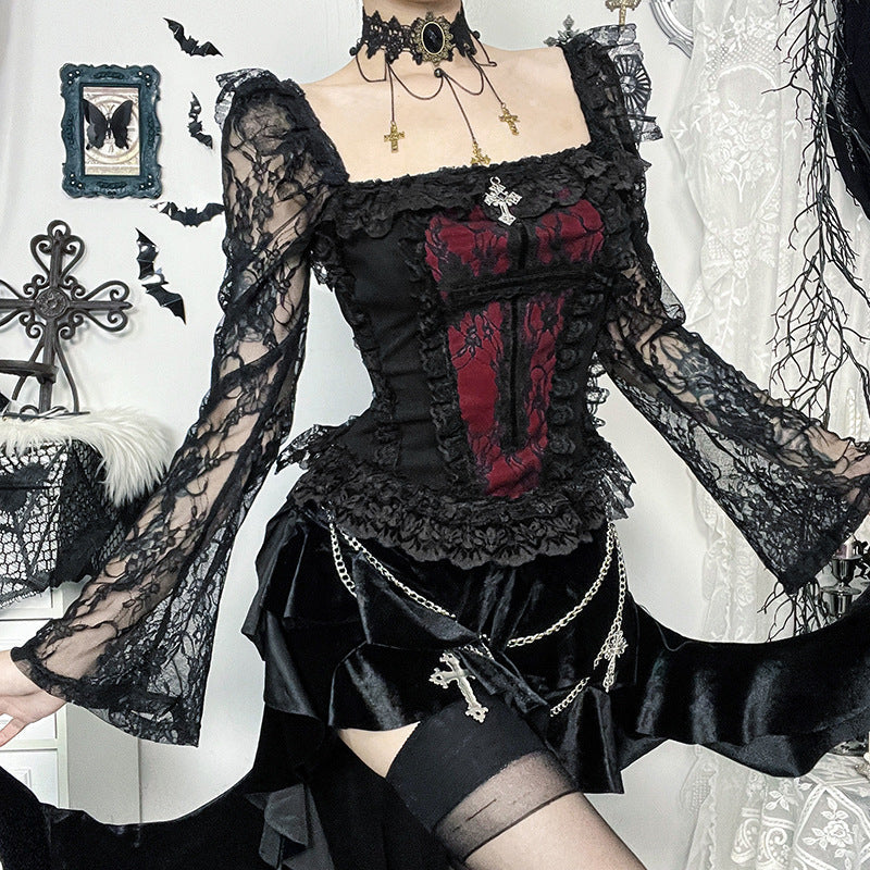 Elegant Gothic Lace Splicing Cross Collar T-Shirt