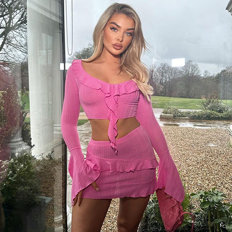 Conjunto de dos piezas de top y falda de manga larga con volantes sexy de verano para mujer