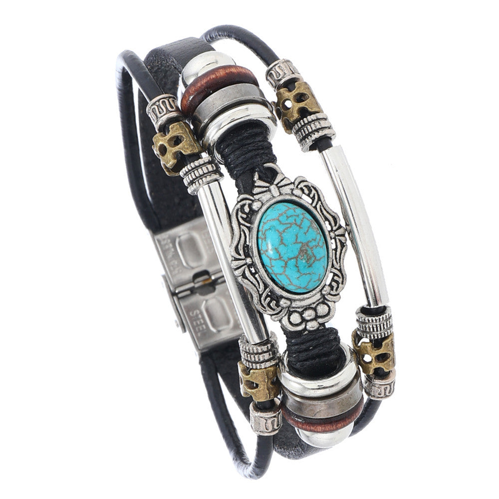 Pulsera de cuero turquesa retro bohemia para hombre