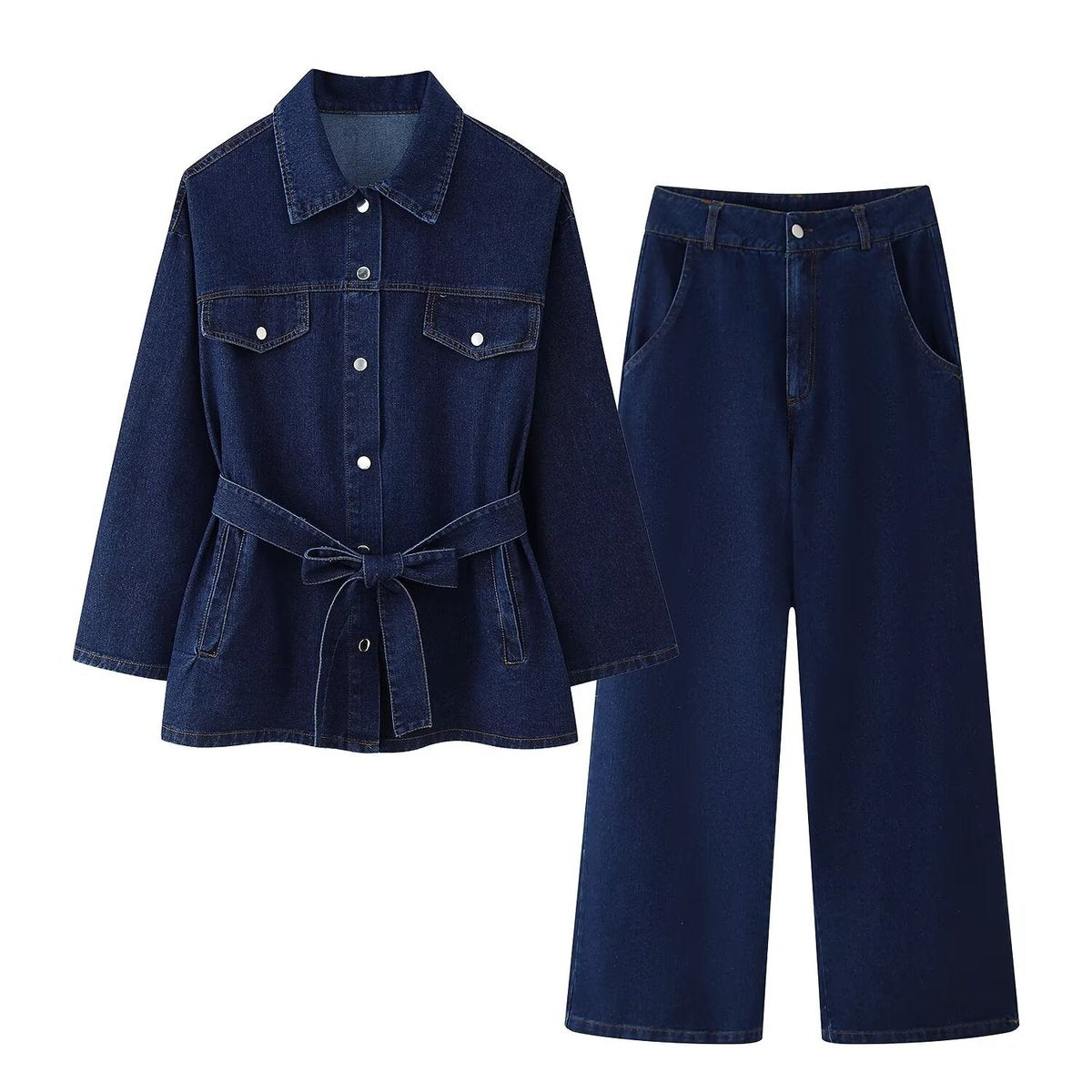 Conjunto de dos piezas de abrigo vaquero informal para mujer, manga larga, cintura alta y jeans