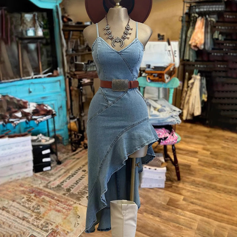 Vestido vaquero sexy con escote en V irregular para mujer
