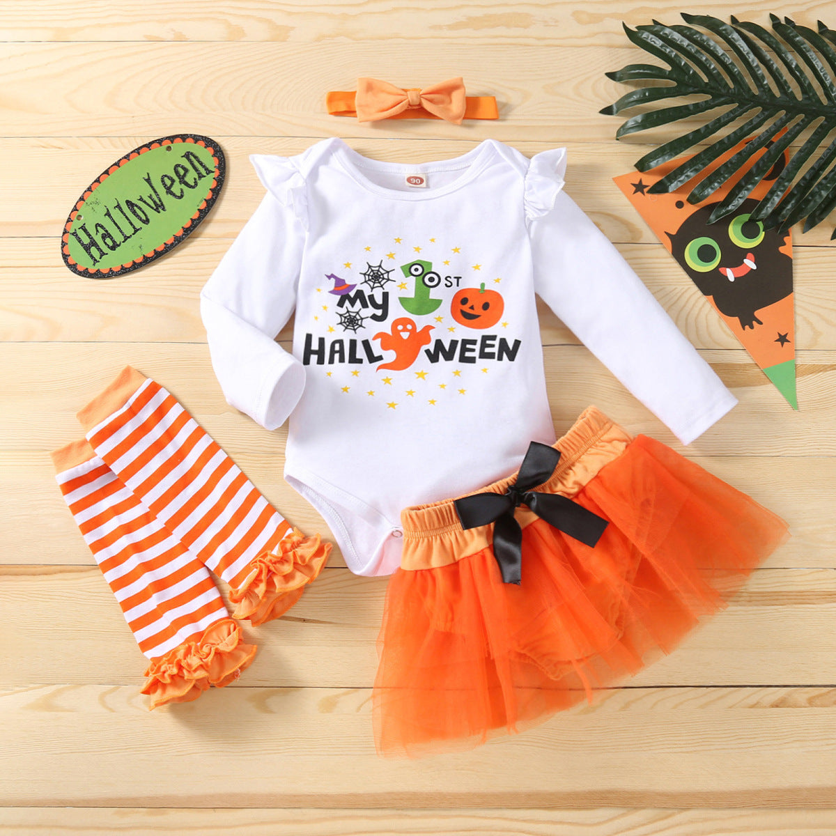 Conjunto de mameluco informal con letras de Halloween para niñas pequeñas