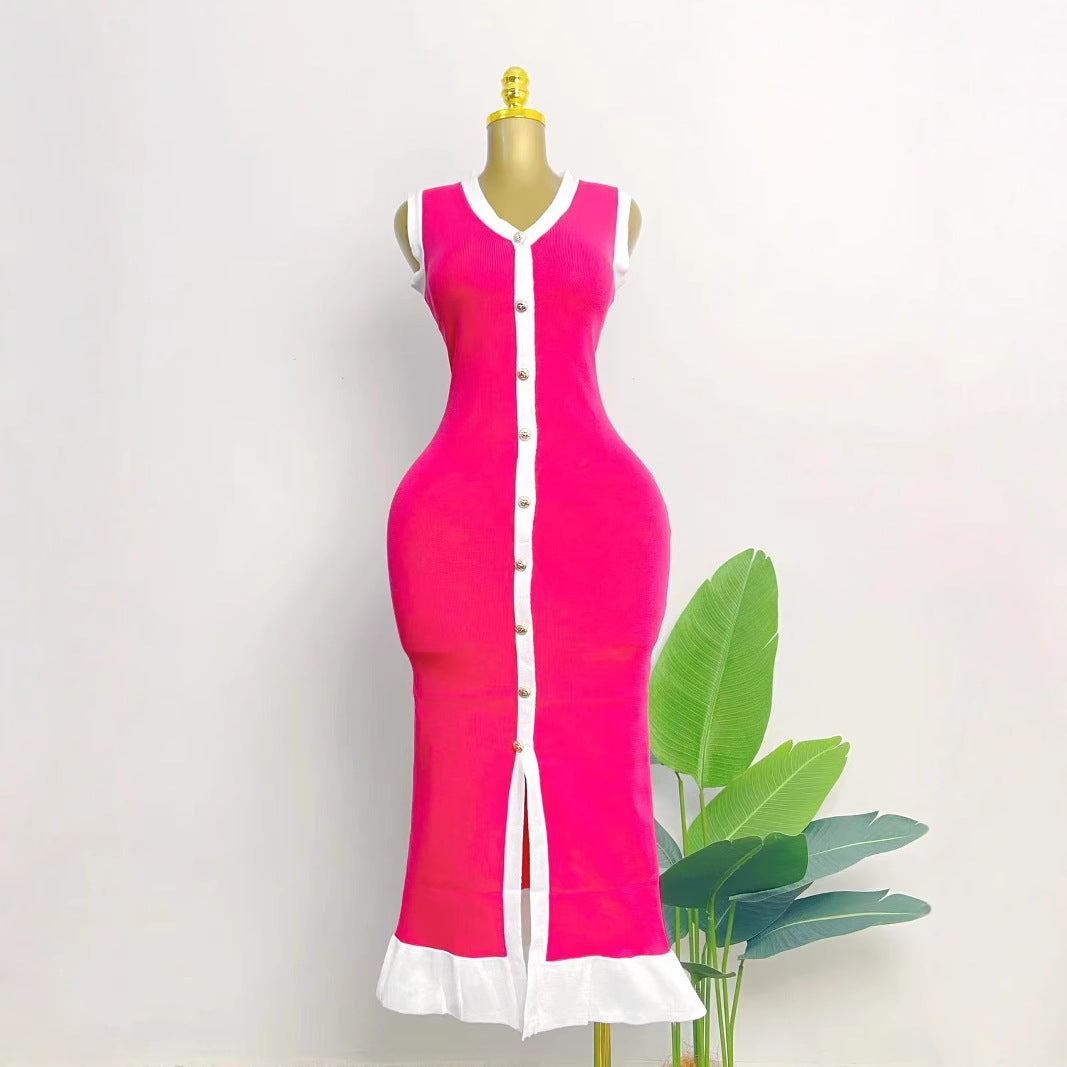 Women Casual Contrast Color Knitted V-Neck Dress