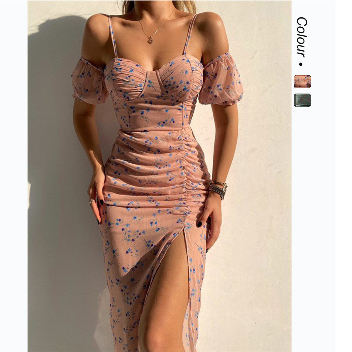 Women’s Floral Off-Shoulder Irregular Sling Dress with Side Slit