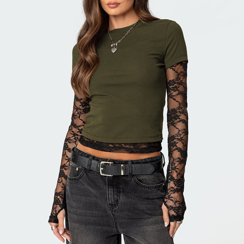 Women Y2k Lace Stitching Long Sleeve T-Shirt