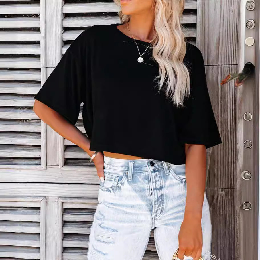Camiseta holgada de verano para mujer, color liso, cuello redondo, manga corta, color liso
