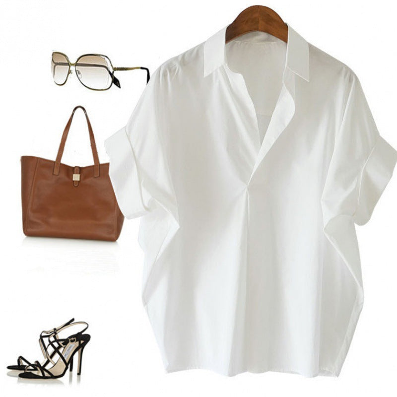 Women Casual Short-Sleeve Blouse Polyester Lapel