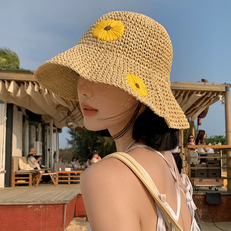 Sombrero de paja tejido con margaritas para mujer, sencillo, de verano