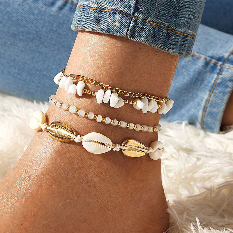 Conjunto de tobilleras tejidas con conchas marinas de estilo bohemio