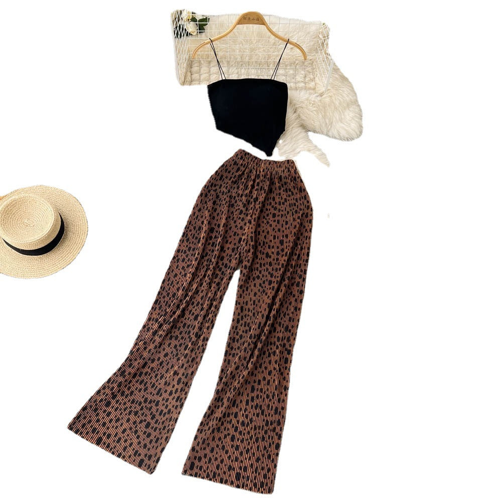 Ensemble deux pièces pour femme, caraco à bretelles spaghetti et pantalon large en tissu mélangé