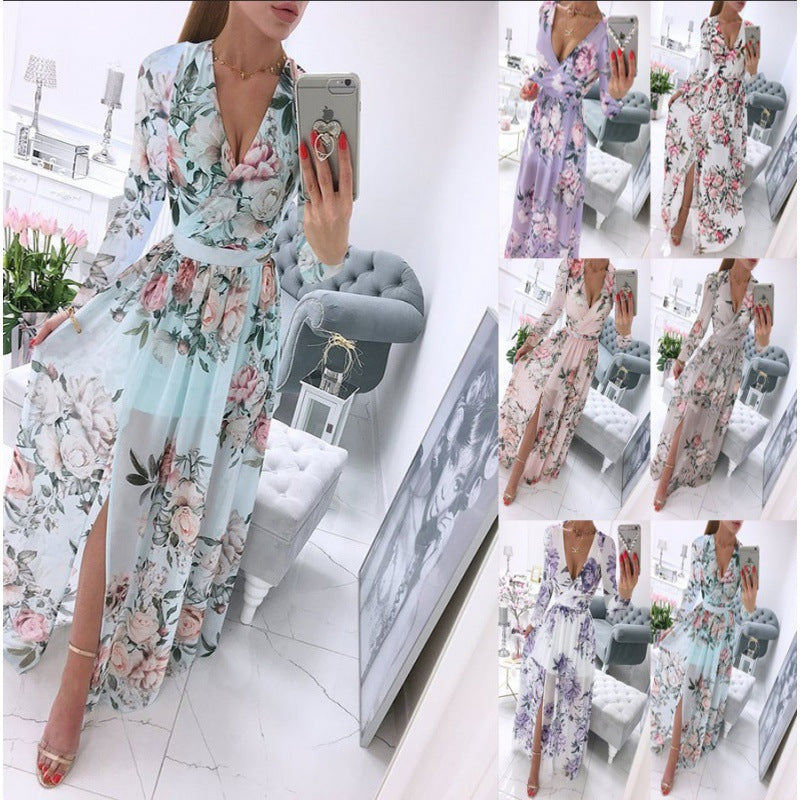 Vestido largo informal de verano para mujer, de gasa, bohemio, con estampado floral, cuello en V y manga larga