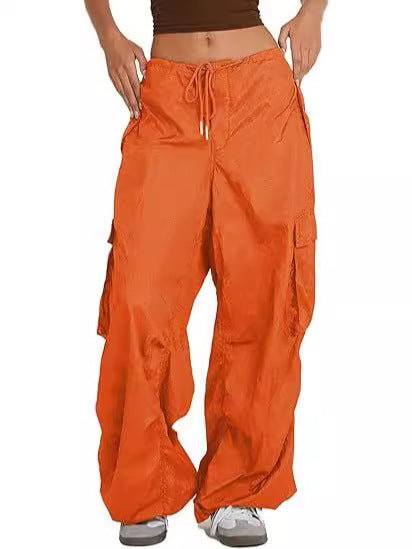 Pantalones casuales de color sólido con bolsillos y cordón para mujer