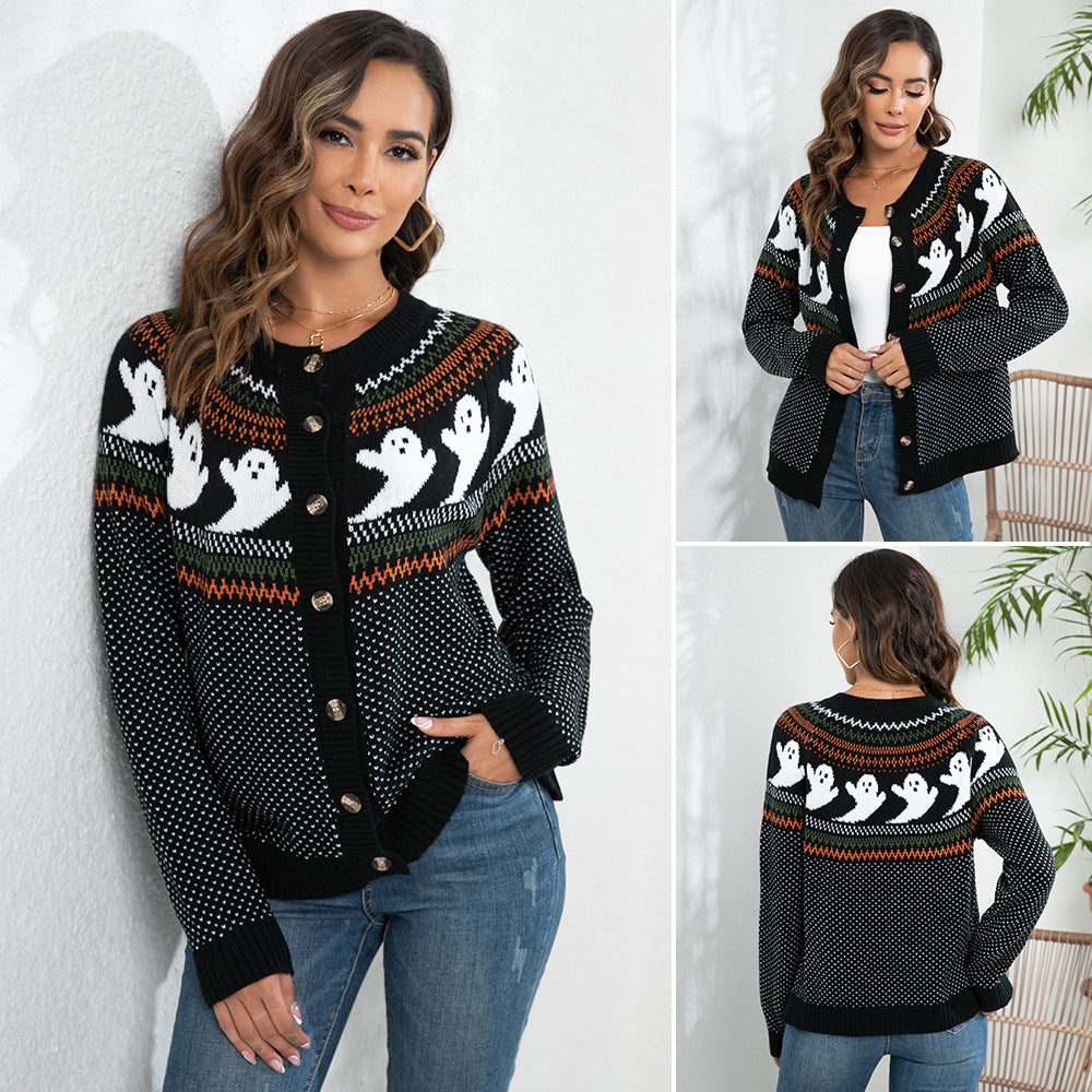 Cardigan à manches longues pour femme, motif fantôme amusant, dessin animé, Halloween