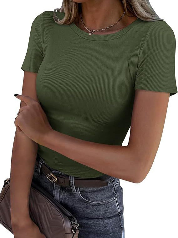 Camiseta de manga corta con canalé elástico de color liso para mujer