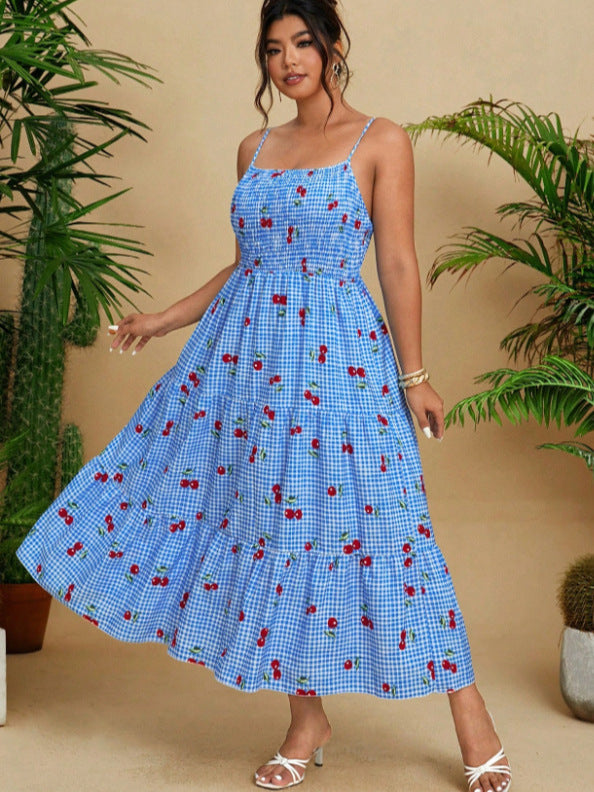 Women Sexy Cherry Plaid Spaghetti Strap Dress - Stylish Summer Flare