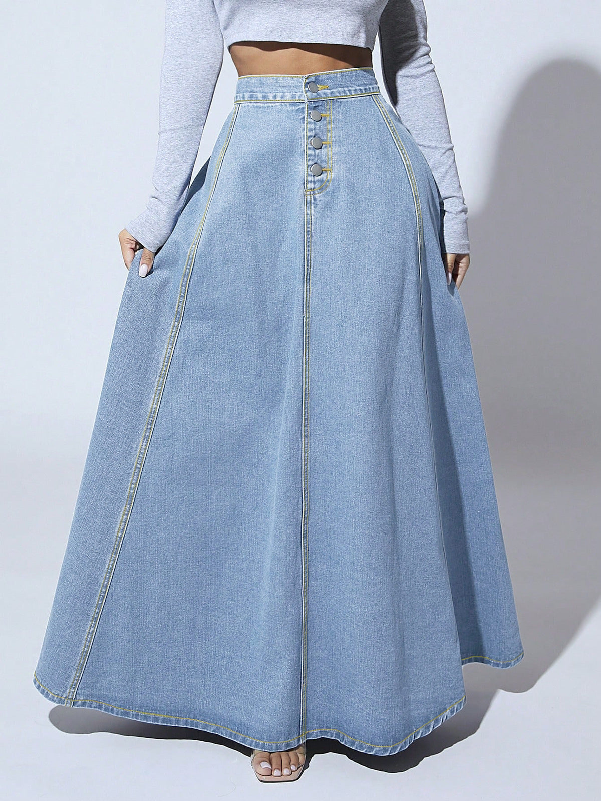 Falda vaquera de una sola botonadura para mujer, estilo urbano, larga, línea A, color liso