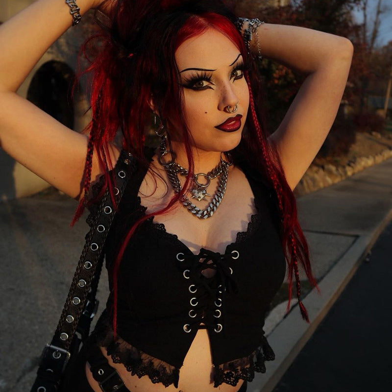 Women Sexy Elegant Gothic Lace Splice Cross Pendant Camisole Top