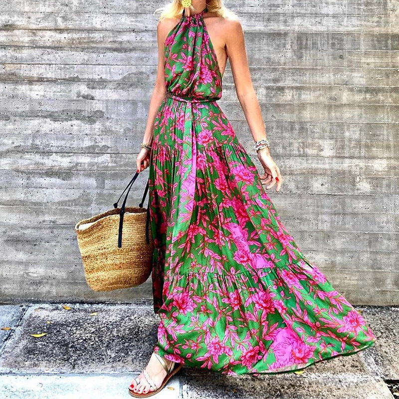 Women Sexy Boho Vacation Halter Neck Sleeveless Defined Waist Dress