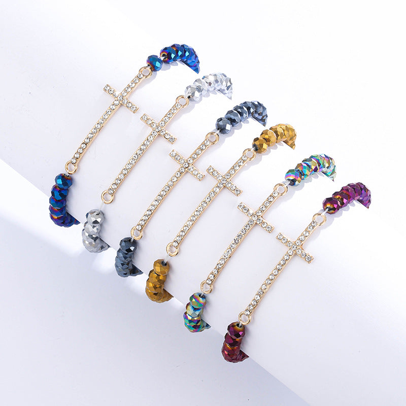 Women Fashion Creative Cross Colorful Crystal Beaded Bracelet