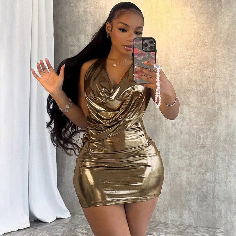 Robe sexy sans manches à col licou et couleur unie pour femme