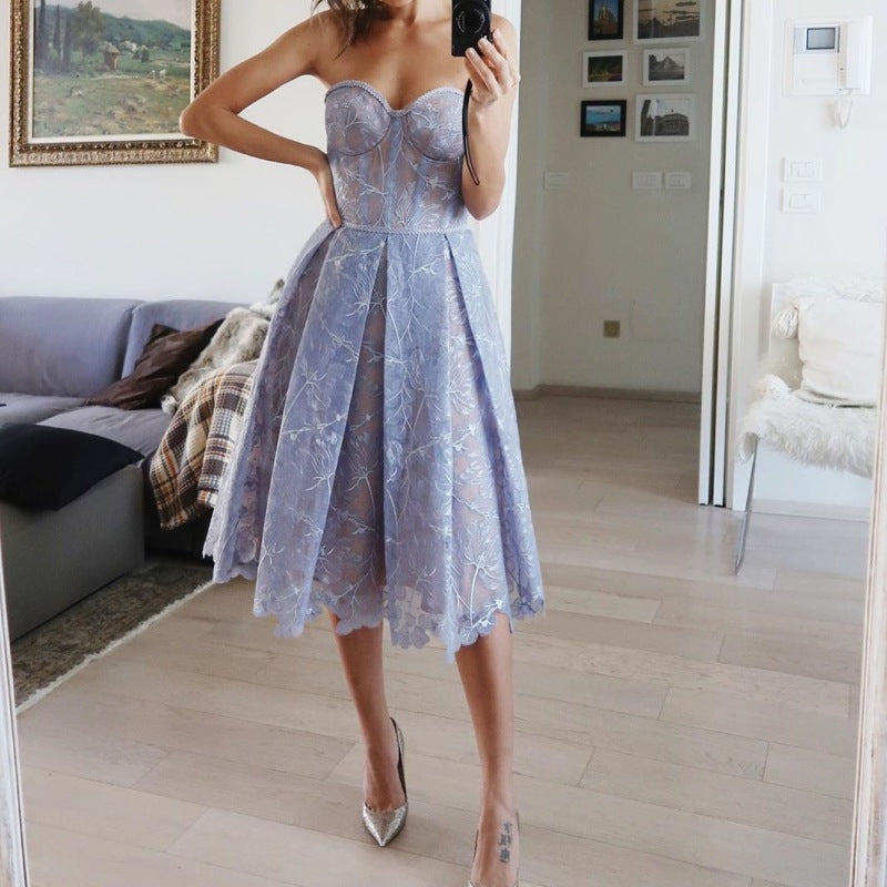 Robe de soirée mi-longue élégante en dentelle florale pour femme