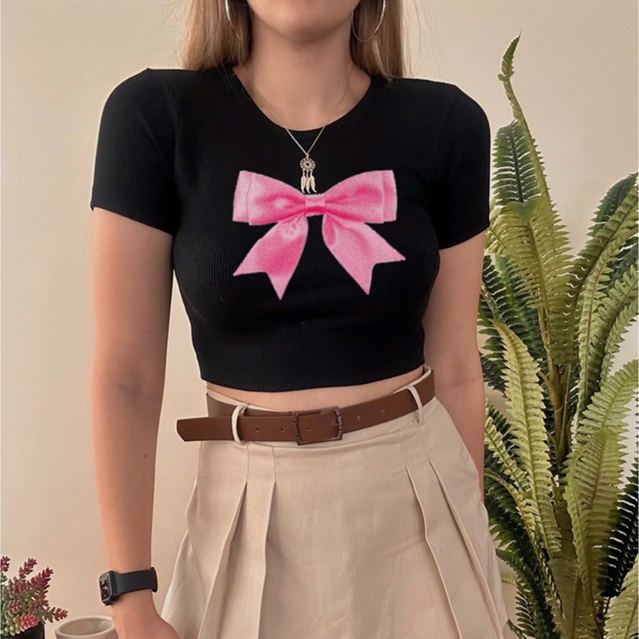 Camiseta corta con lazo de moda urbana para mujer, jersey de manga corta