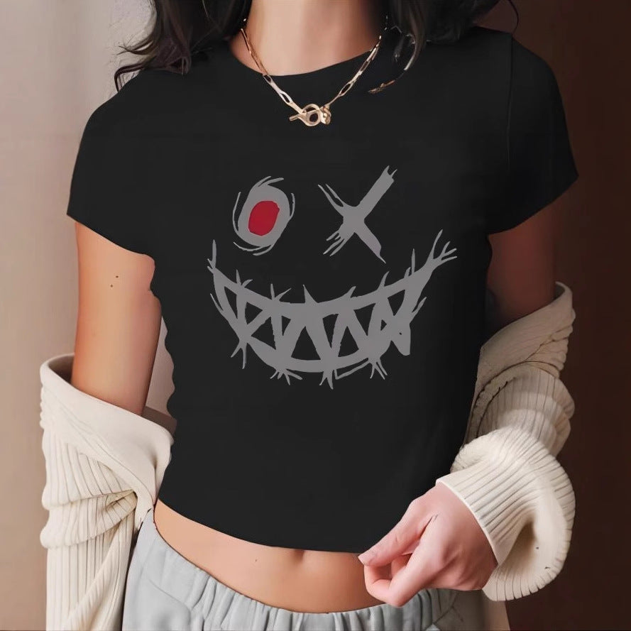 Women Fashion Sexy Gothic Smiley Printed T-Shirt
