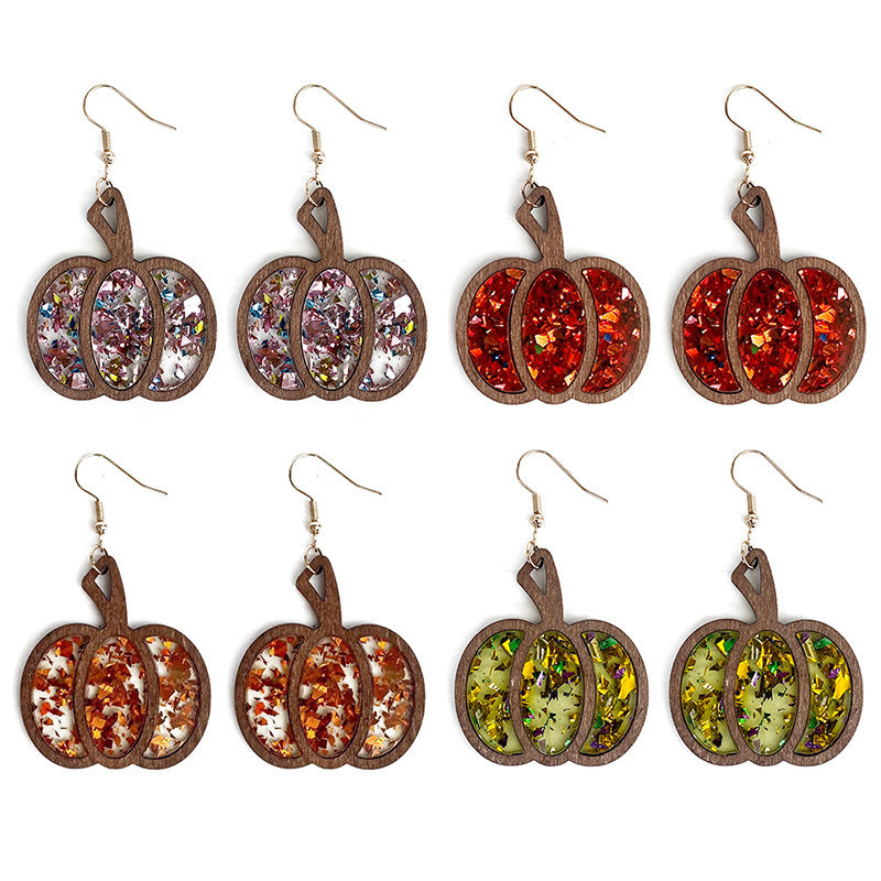 Pendientes de madera con forma de calabaza y purpurina para Halloween para mujer