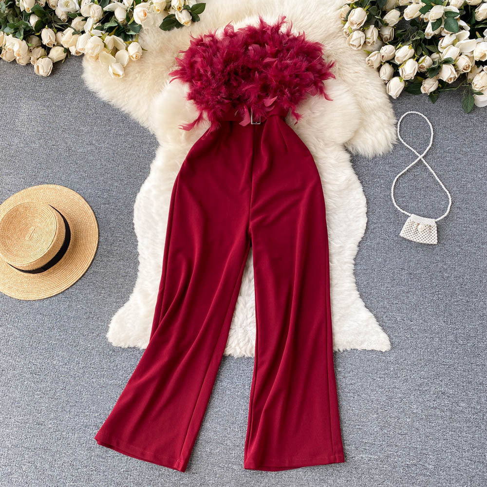 Fashion Women Pink Feather Strapless Summer Jumpsuit