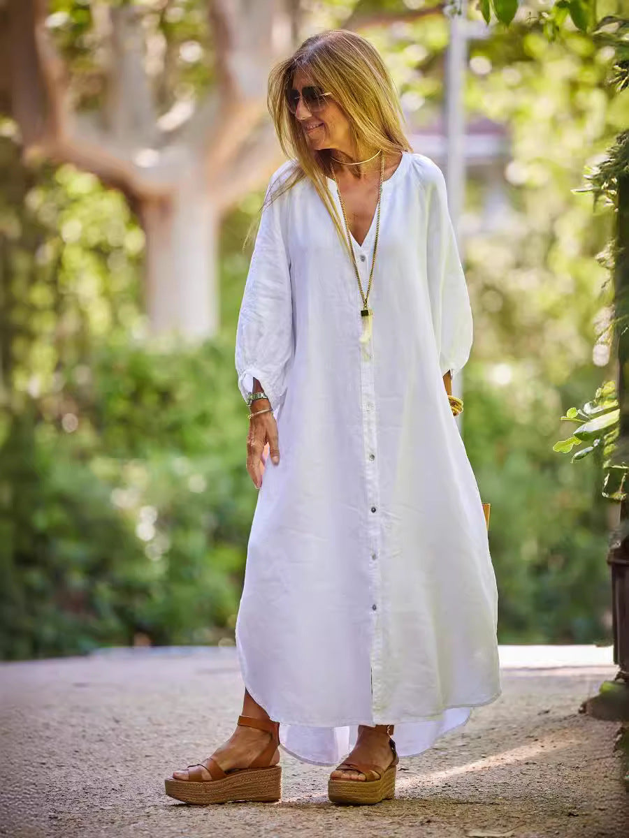 Vestido largo elegante de lino y algodón informal a la moda para mujer