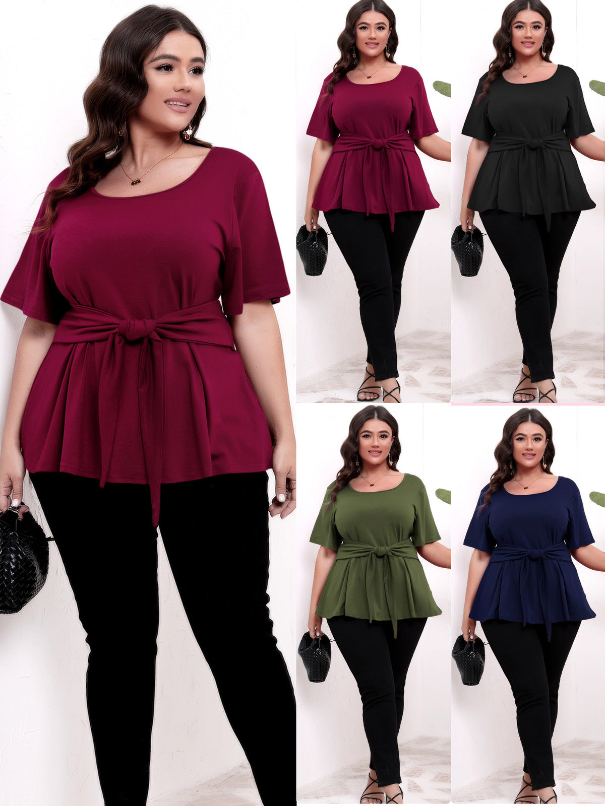 Women Casual Plus Size Solid Color Lace-Up T-Shirt
