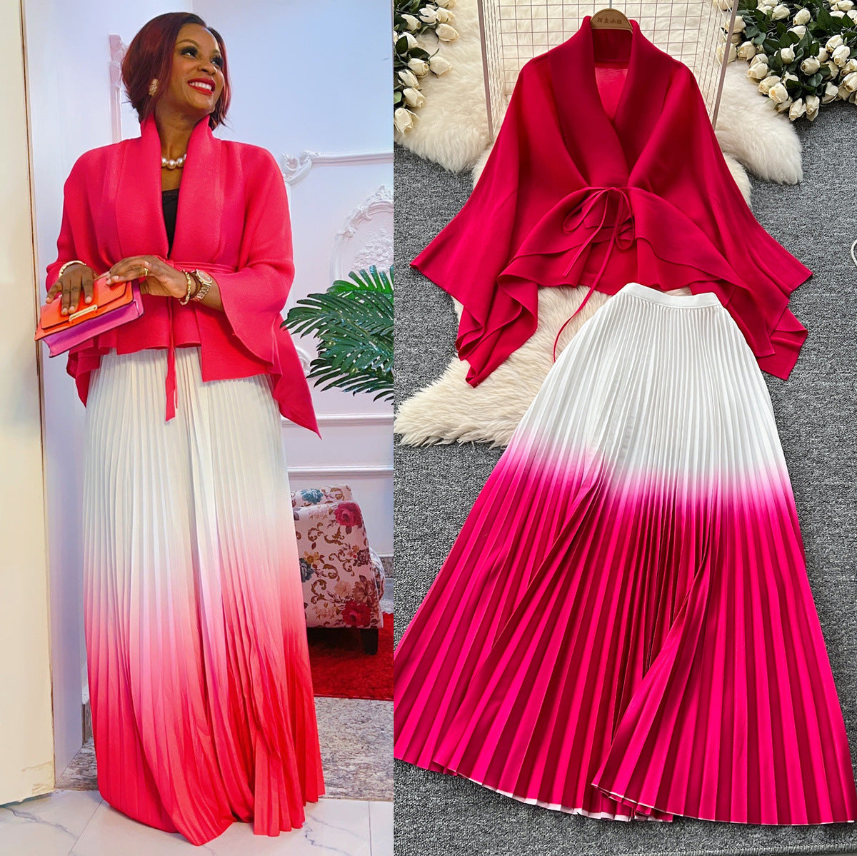 Women Gradient Color Lace-Up Blouse Pleated Skirt Set