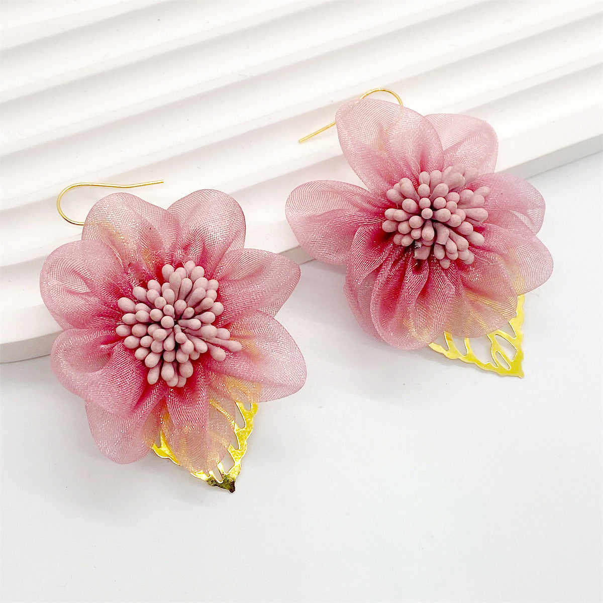 Women Fashion Mesh Chiffon Leaves Floral Earrings