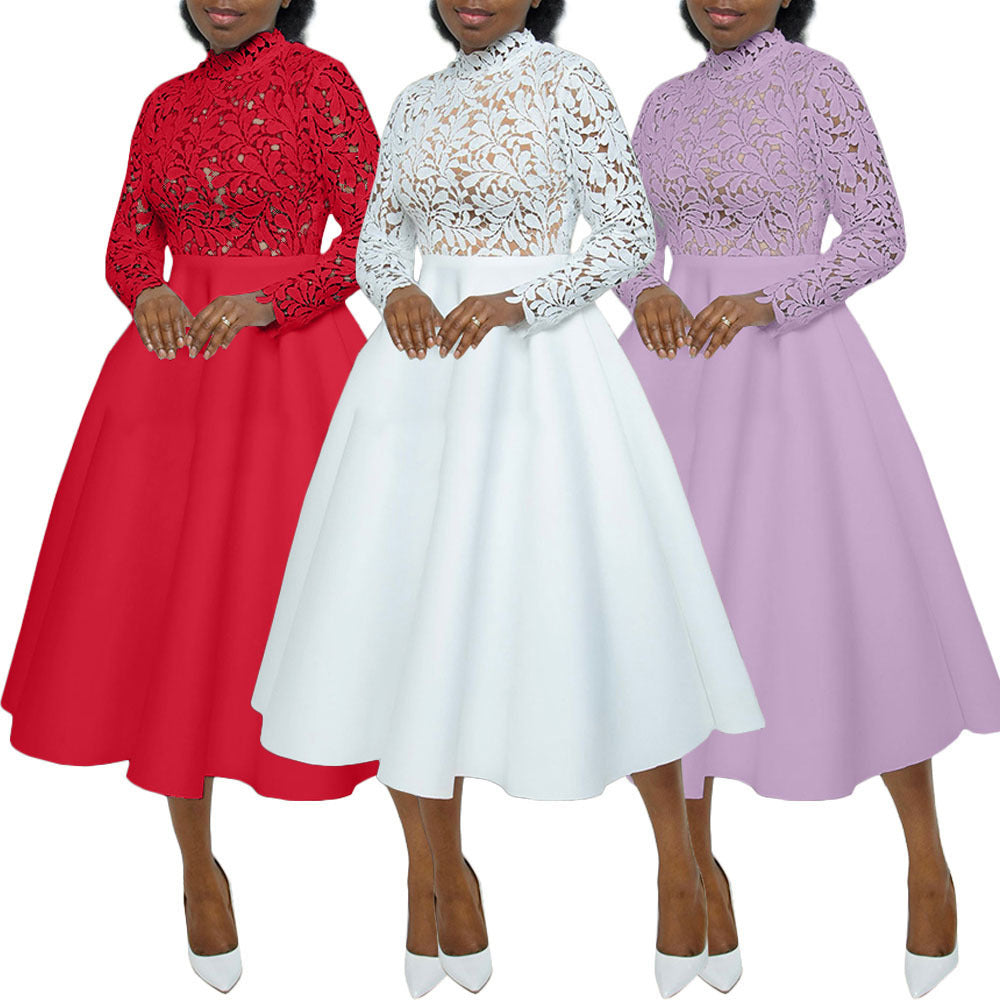 Women Fashion Solid Color Lace Petal Dress