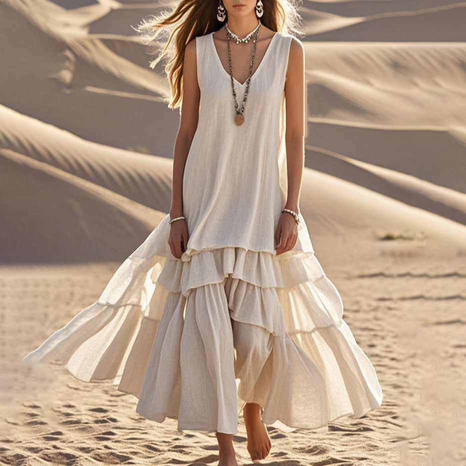 Vestido bohemio informal de lino y algodón para mujer