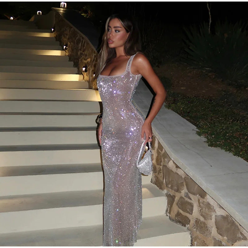 Women Fashion Sexy Solid Color Sequin Party Dress