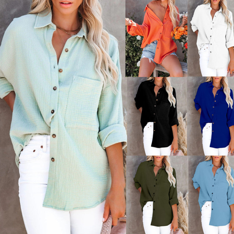 Blusa informal de manga larga con cuello en V y botones para mujer