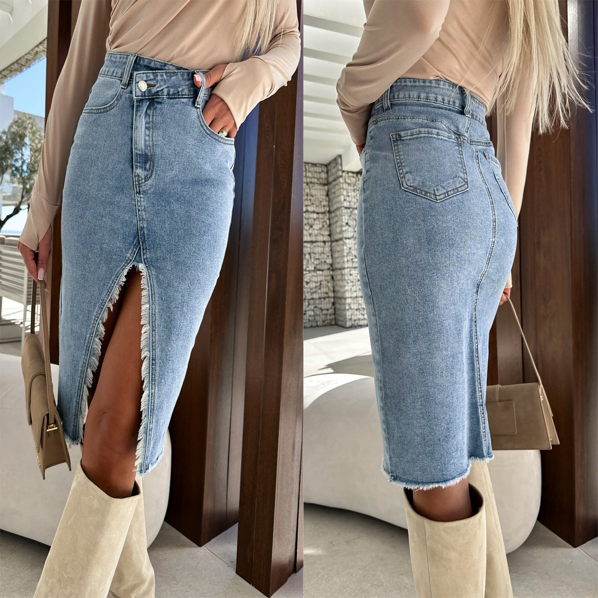 Falda vaquera dividida de moda para mujer, estilo casual de algodón y poliéster
