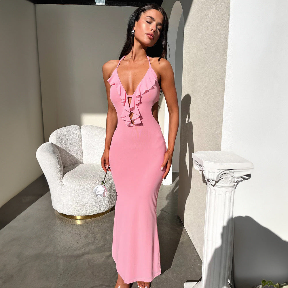 Women Fashion Sexy Solid Color Ruffled Dress