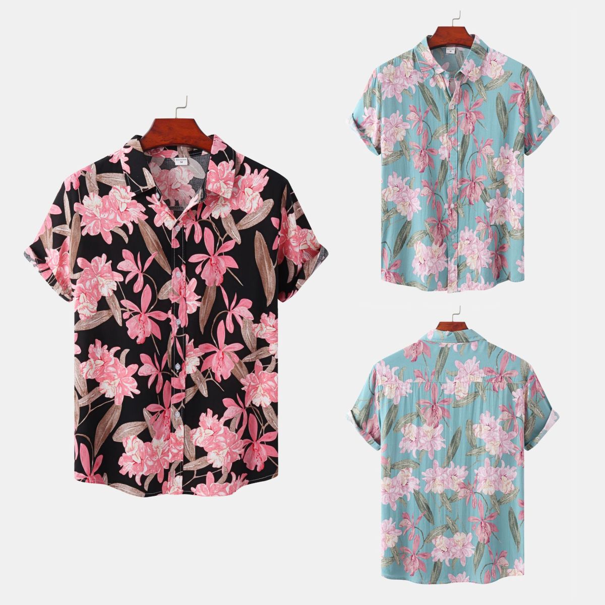 Camisa informal de verano con estampado de flores pequeñas para hombre