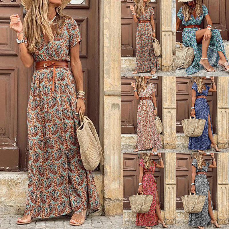 Vestido largo bohemio vintage de verano para mujer, sexy, con escote en V y mangas cortas, con cinturón