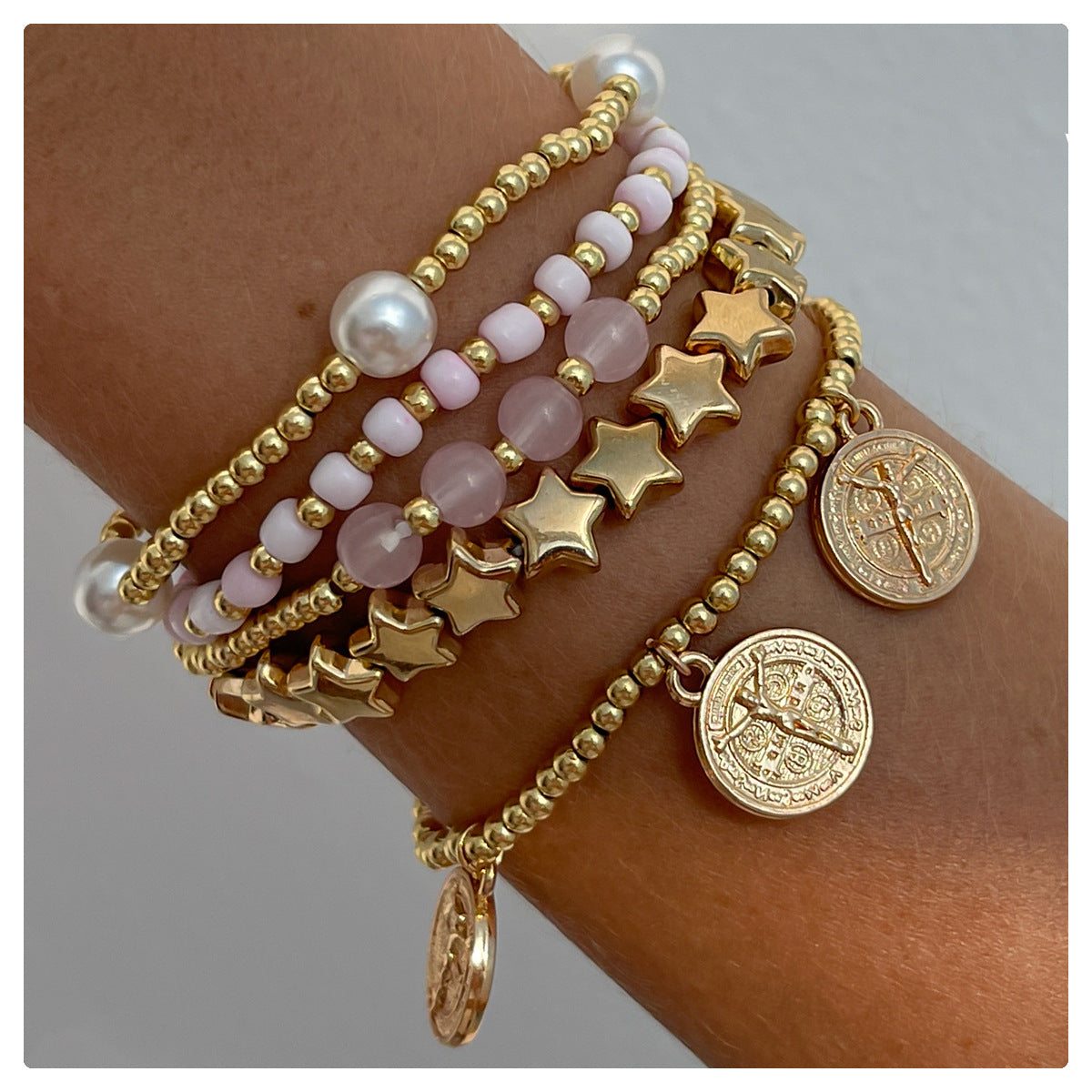 Women Fashion Beaded Star Pearl Multilayer Bracelet with Tassel