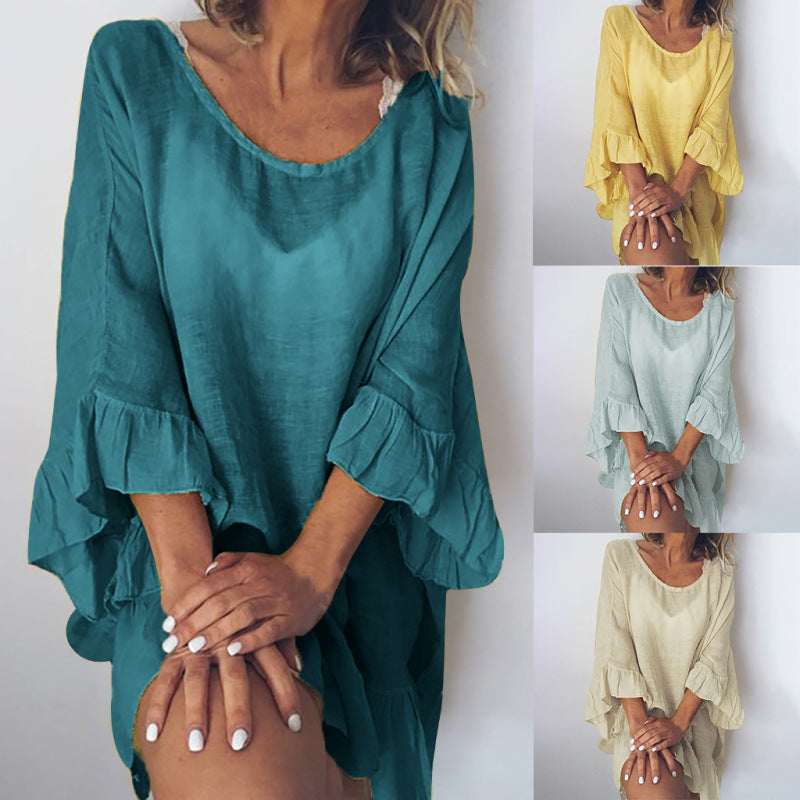 Women Solid Color Stitching Ruffle Sleeves Dress