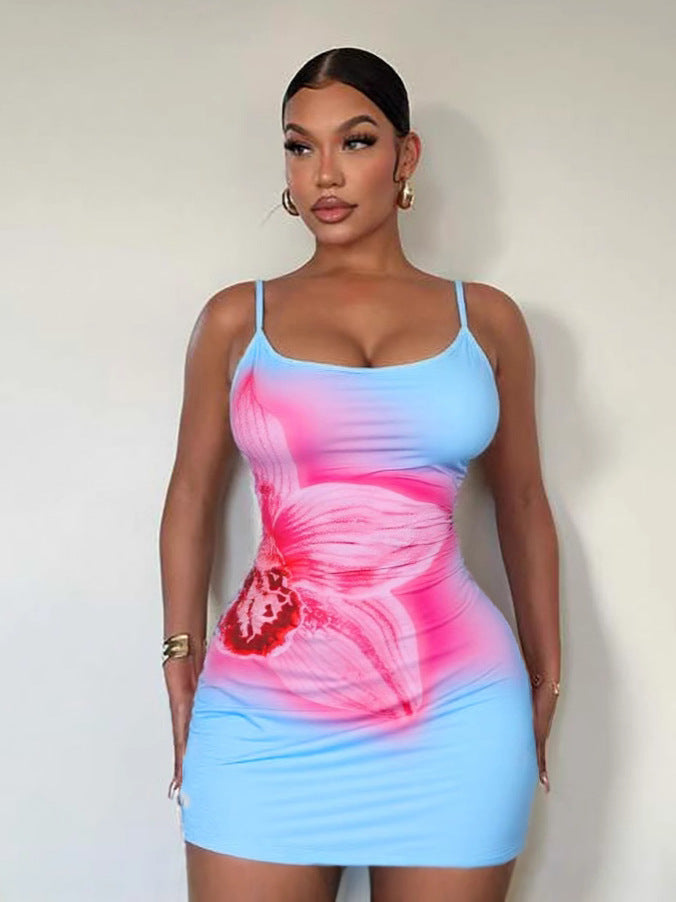 Women Fashion Sexy Floral Printed Spaghetti Strap Dress